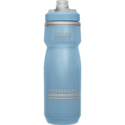 Insulated light blue water bottle with screw-top lid and insulated grip sleeve