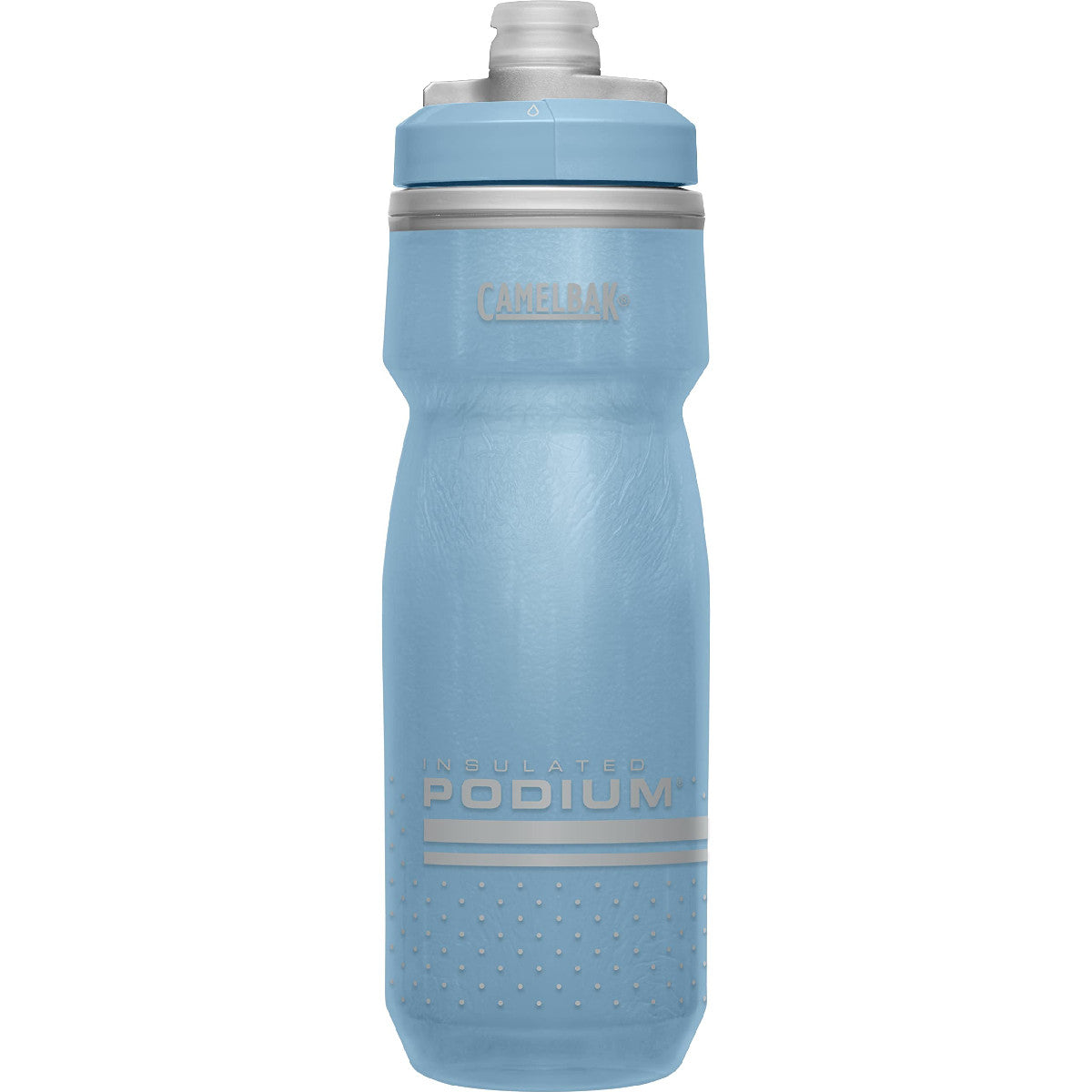 Insulated light blue water bottle with screw-top lid and insulated grip sleeve