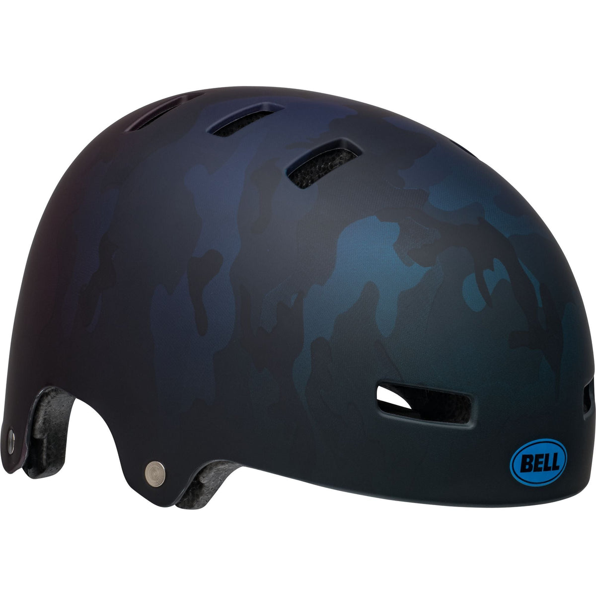 Youth safety helmet, matte blue camo with black vent openings and BELL logo