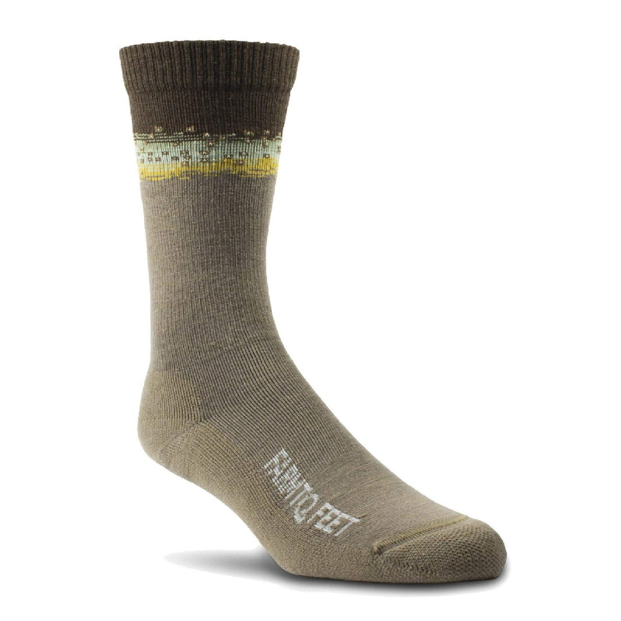 Crew socks with light cushion, brown knit with yellow-green stripe detail