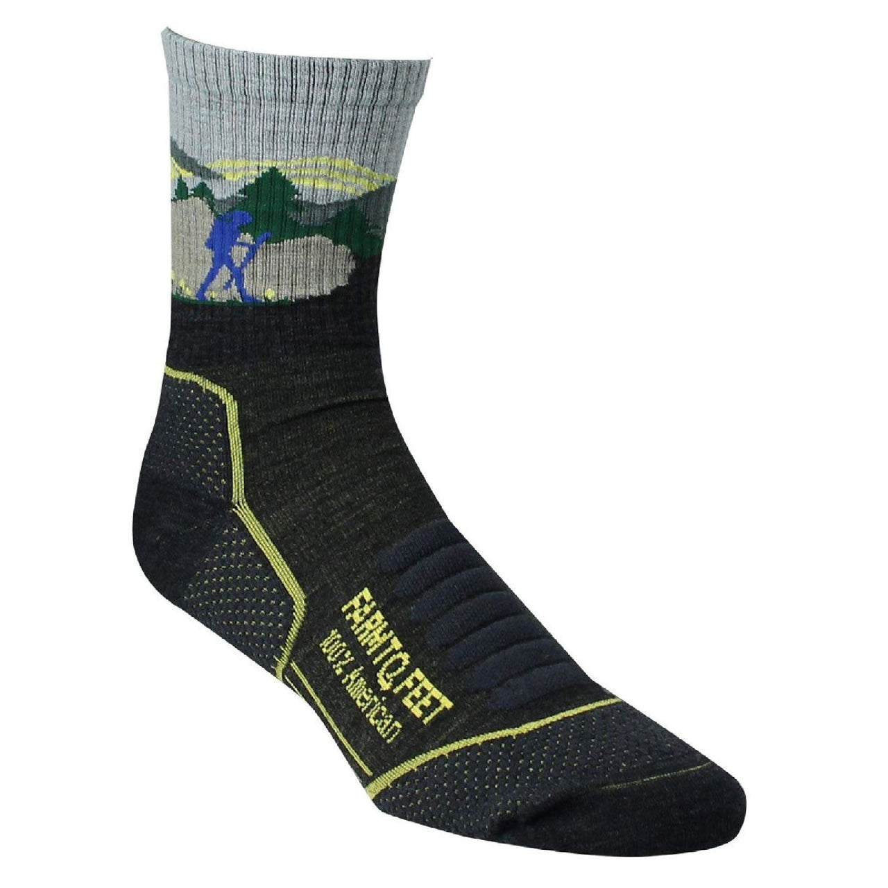 Targeted cushion crew socks with blue flower and green pattern, dark base, neon yellow trim