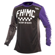 Black/purple long-sleeve motocross jersey with checkered front graphic