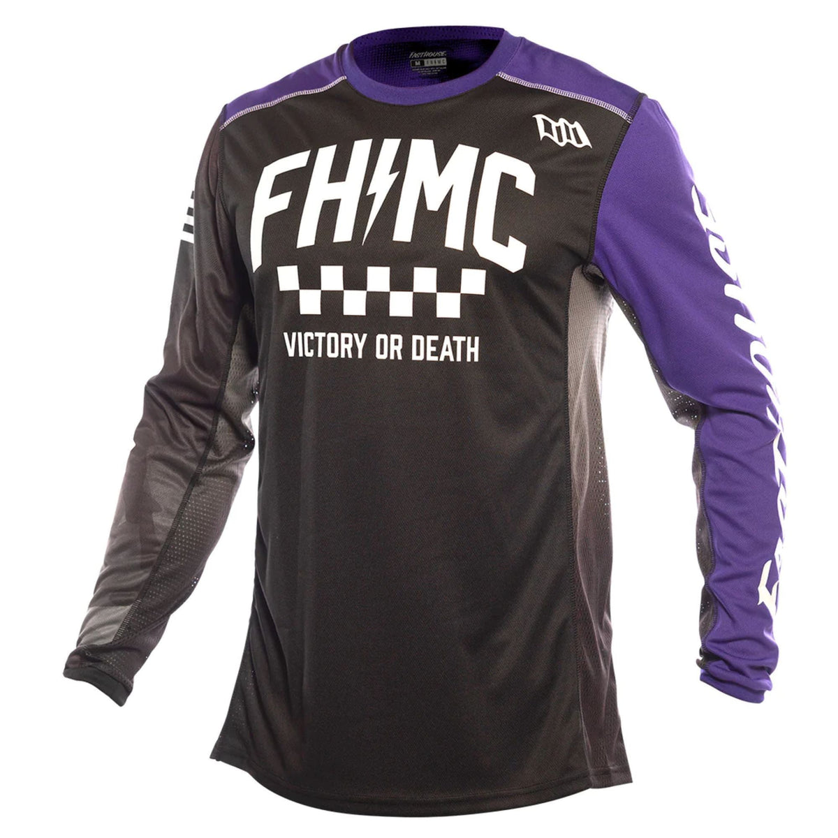 Black/purple long-sleeve motocross jersey with checkered front graphic
