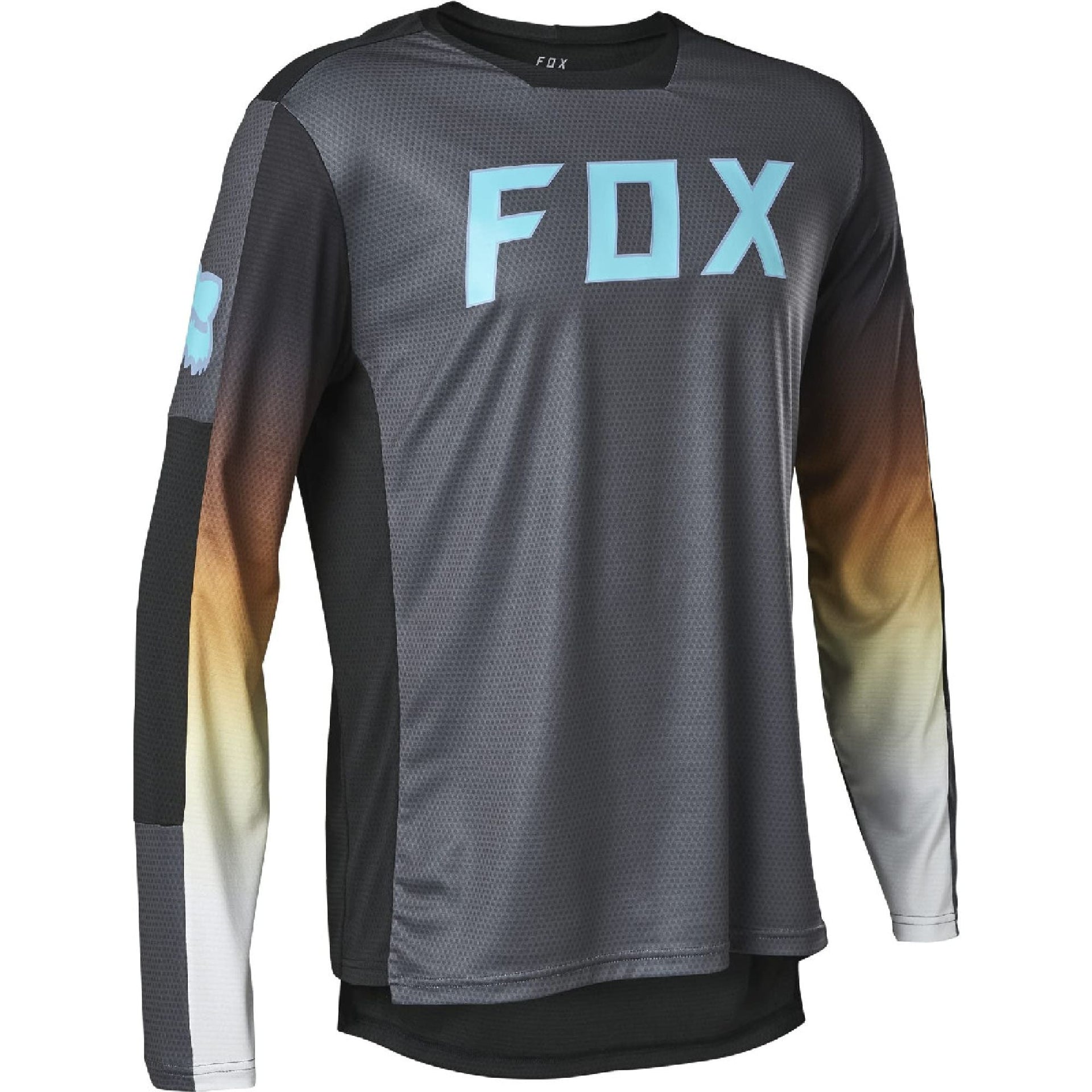 Dark gray long-sleeve jersey with large blue FOX logo