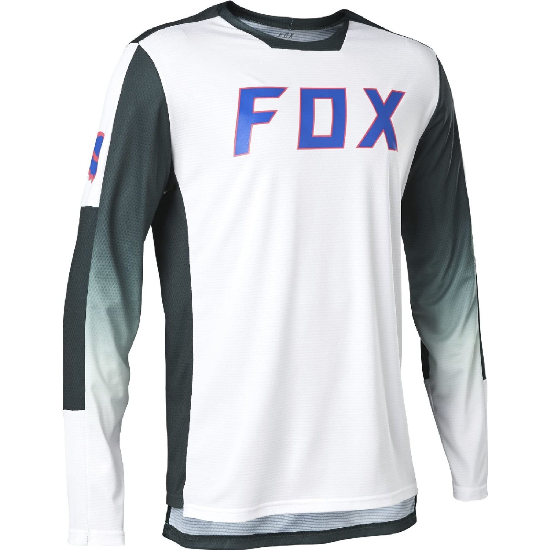 White long-sleeve jersey with blue FOX logo and dark sleeves