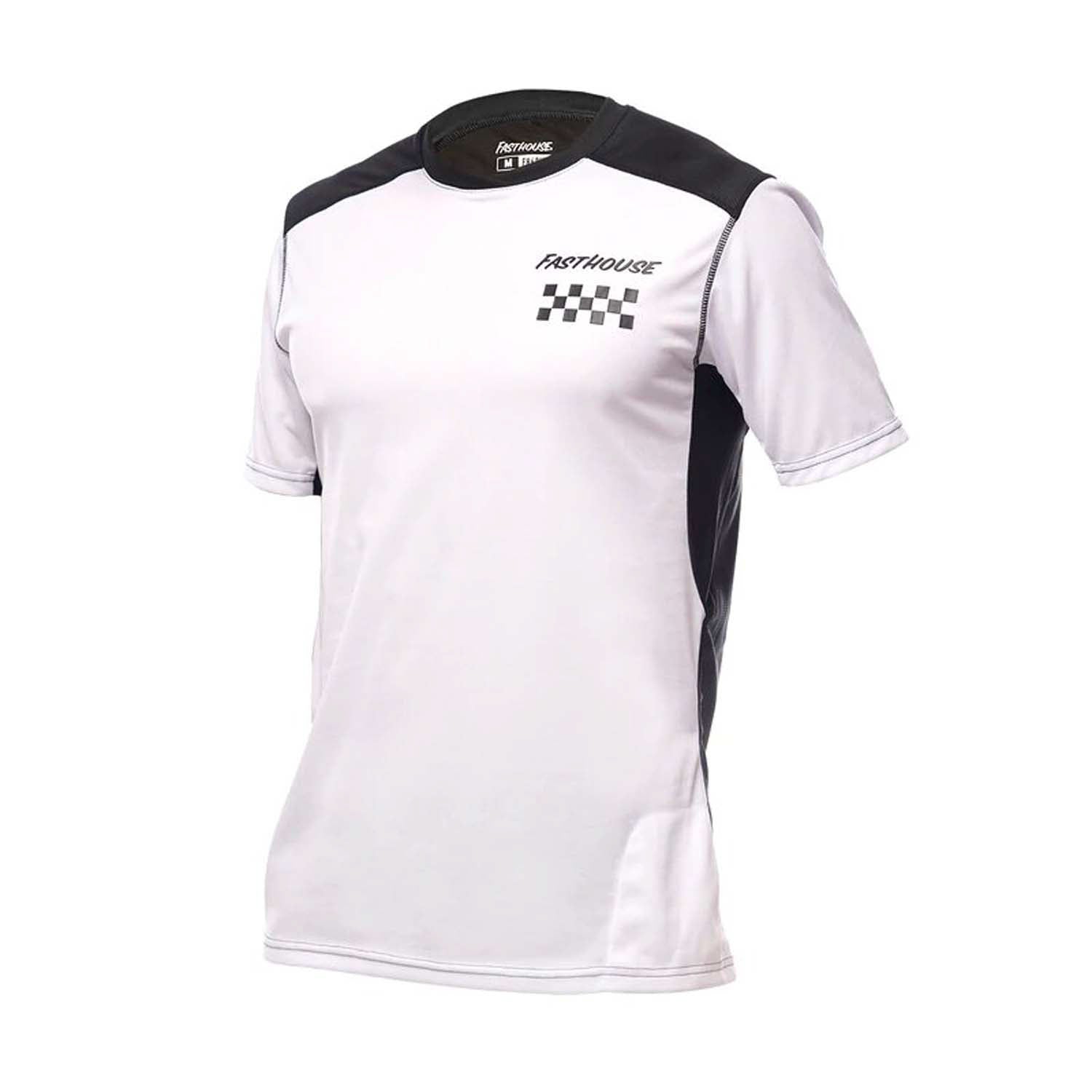 White short-sleeve cycling jersey with black side panels and checkered chest logo