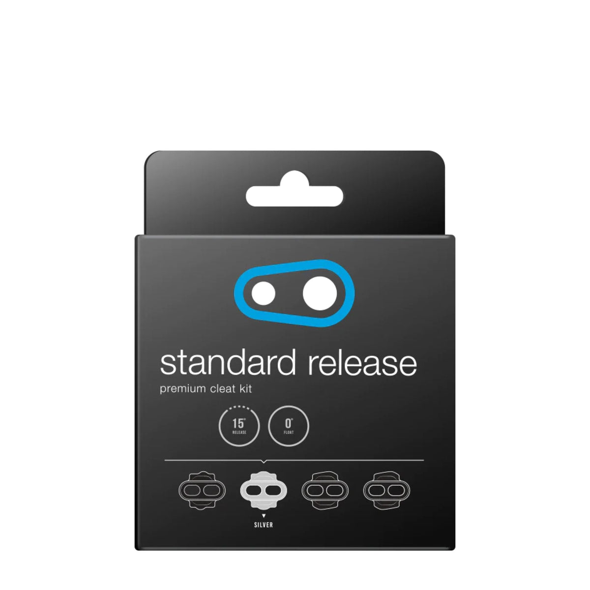 Crank Brothers cleat kit package, black with blue standard release label and silver icons