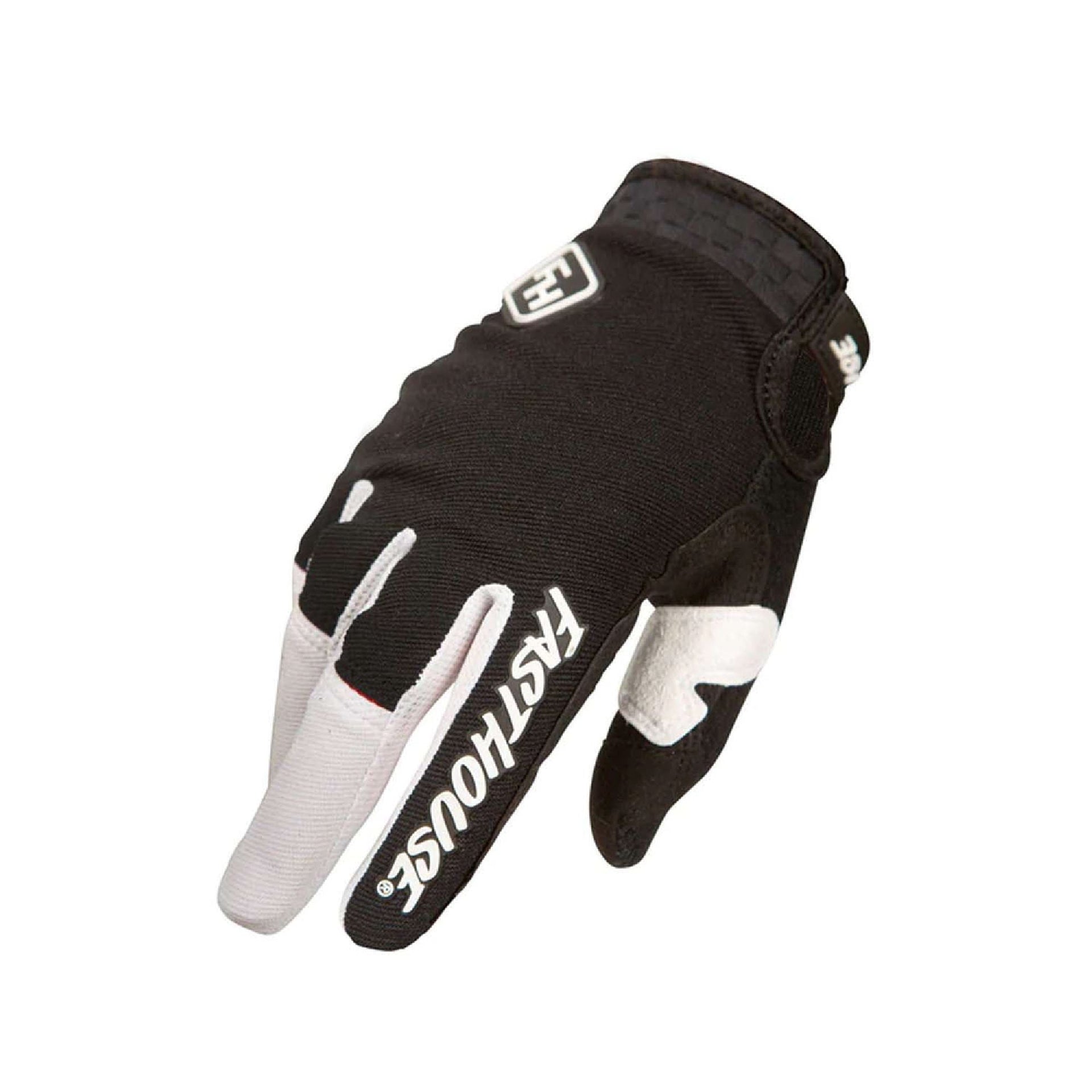 Youth motocross gloves, black and white colorblock with side logo graphic