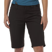 Women's black cycling shorts with inner liner, zip fly and front pockets