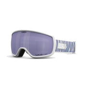 Snow goggles with white frame and purple tinted lens, white patterned strap