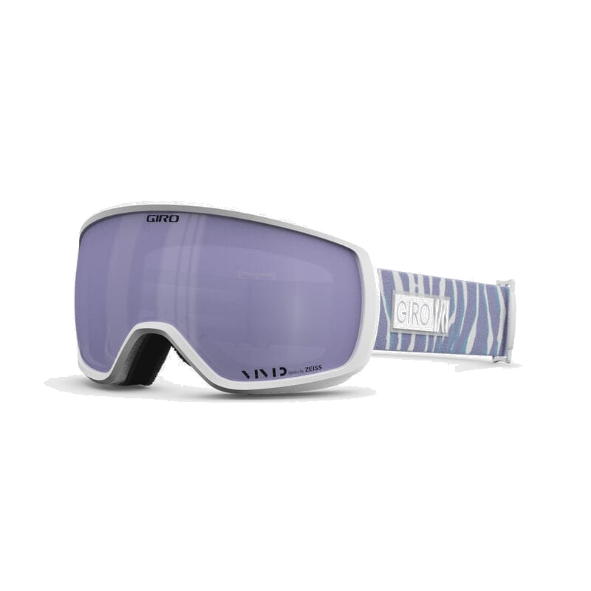 Snow goggles with white frame and purple tinted lens, white patterned strap