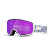 Snow goggles with white frame and magenta tinted lens, blue-and-white striped strap