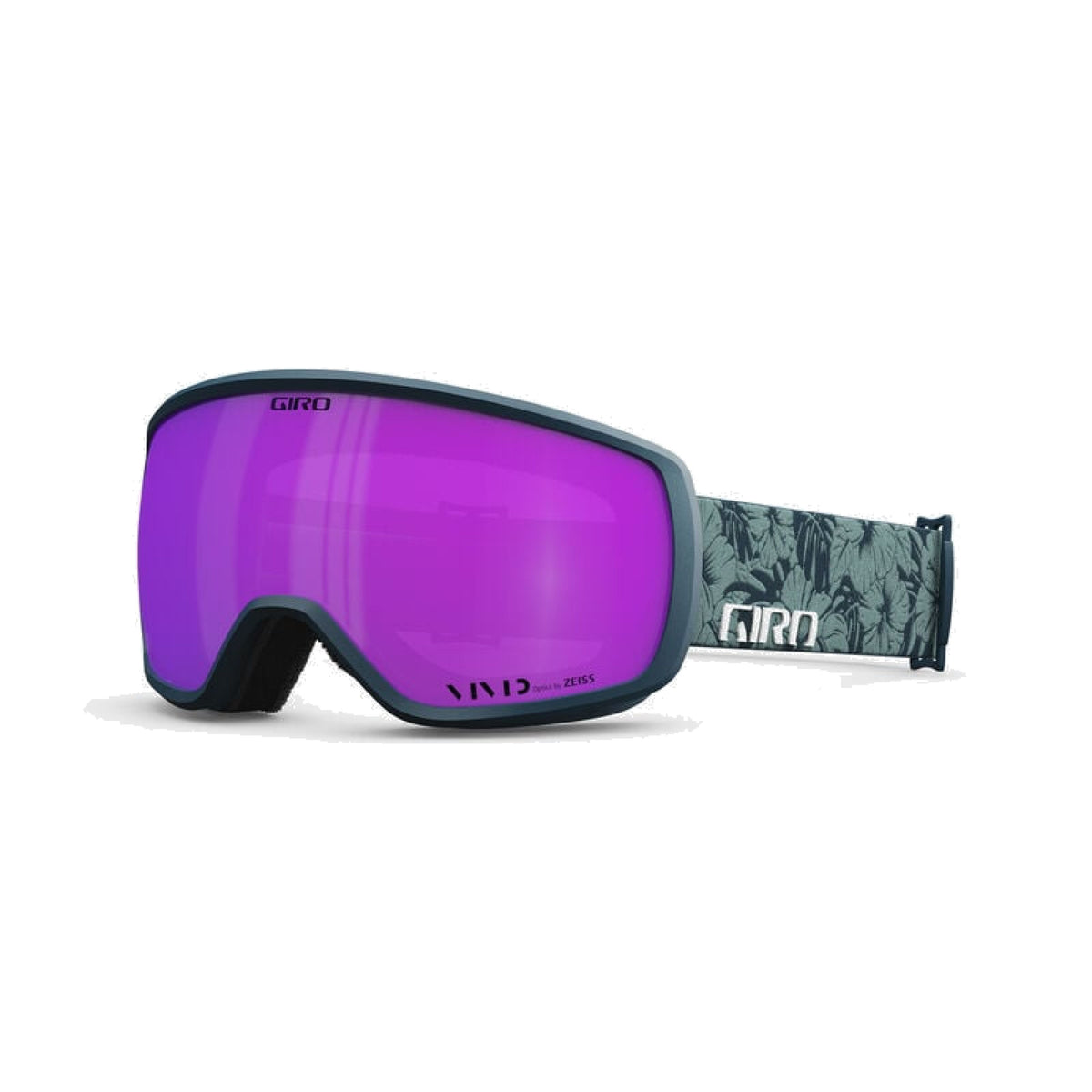Snow goggles with white frame and purple tinted lens, dark graphic strap
