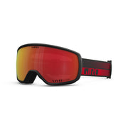 Snow goggles with black frame and amber-orange tinted lens, red mesh strap