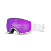 Snow goggles with white frame and purple tinted lens, white diamond-pattern strap