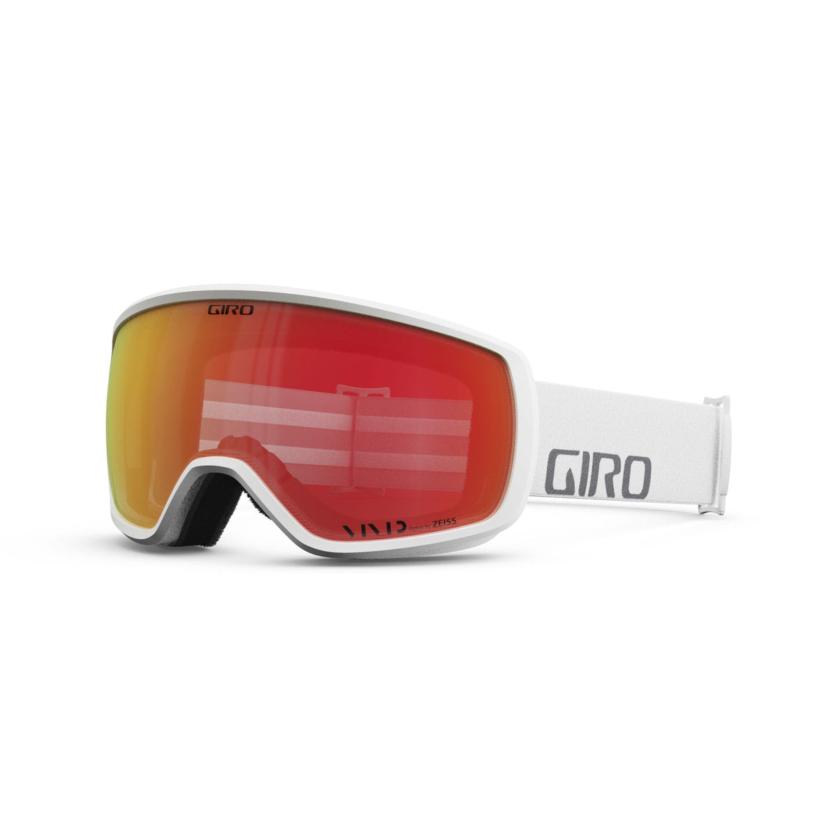 Snow goggles with white frame and red-orange tinted lens, white strap with GIRO print