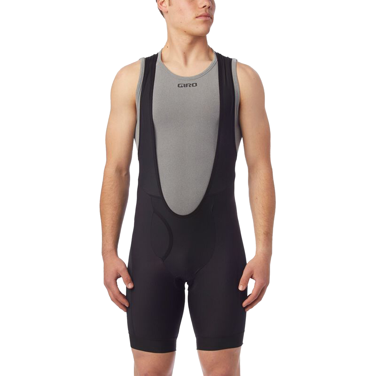 Black cycling bib shorts with gray base liner, front chamois padding