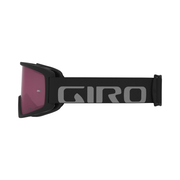 Mountain bike goggles, side view, black frame with maroon lens and Giro strap