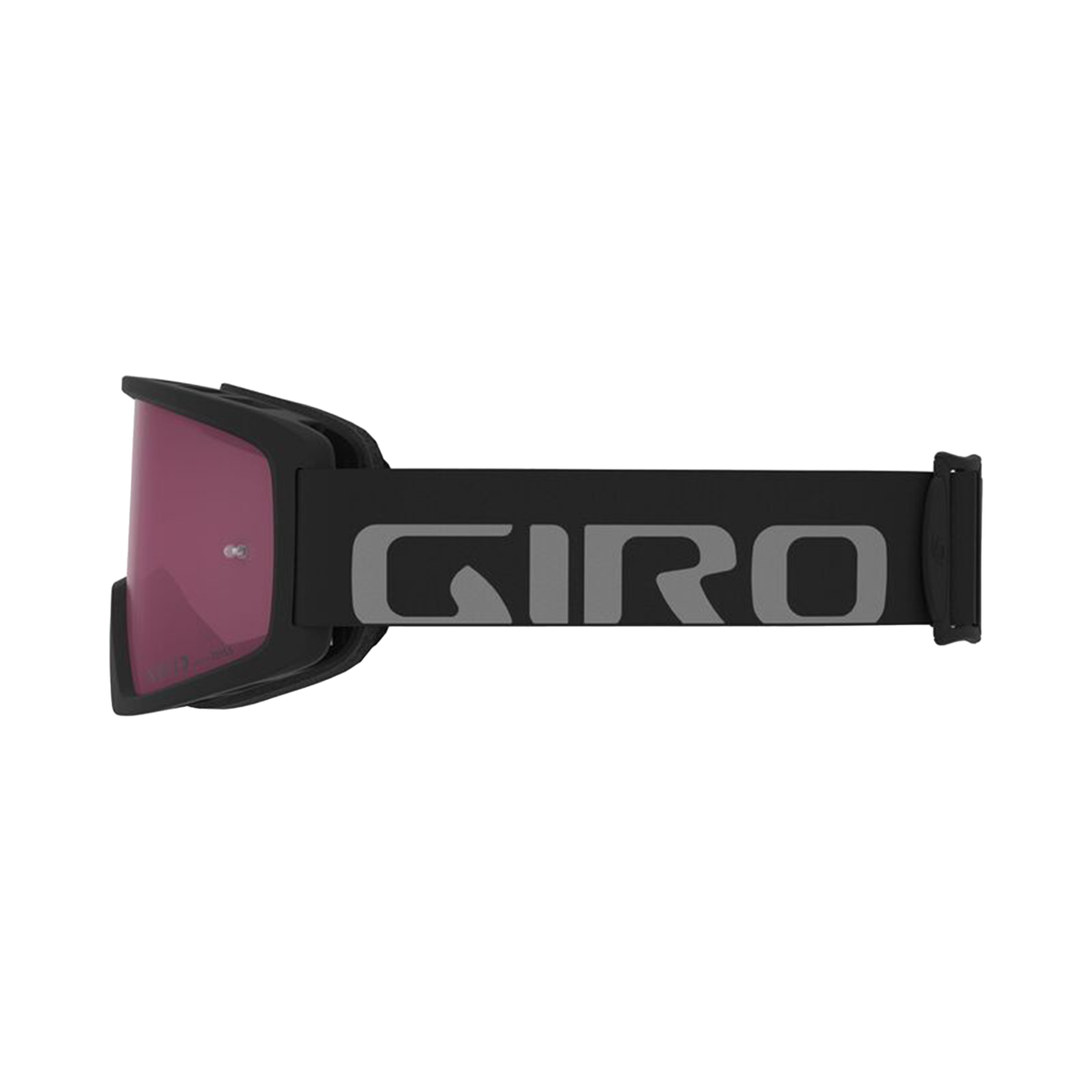 Mountain bike goggles, side view, black frame with maroon lens and Giro strap