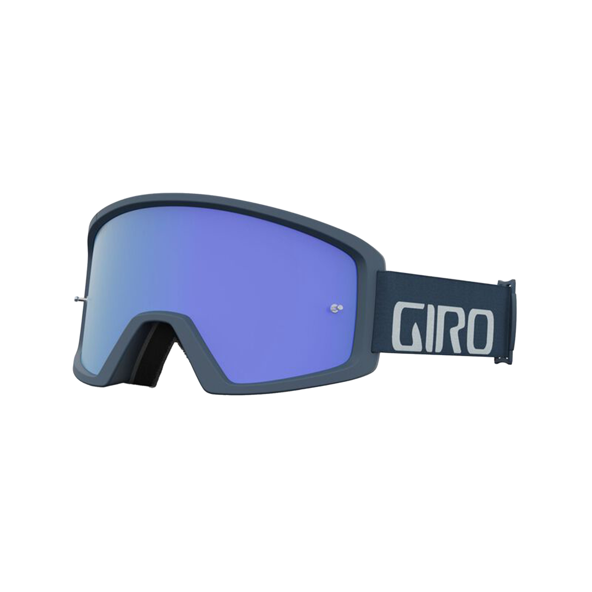 Mountain bike goggles with dark frame and blue tinted lens, branded Giro strap