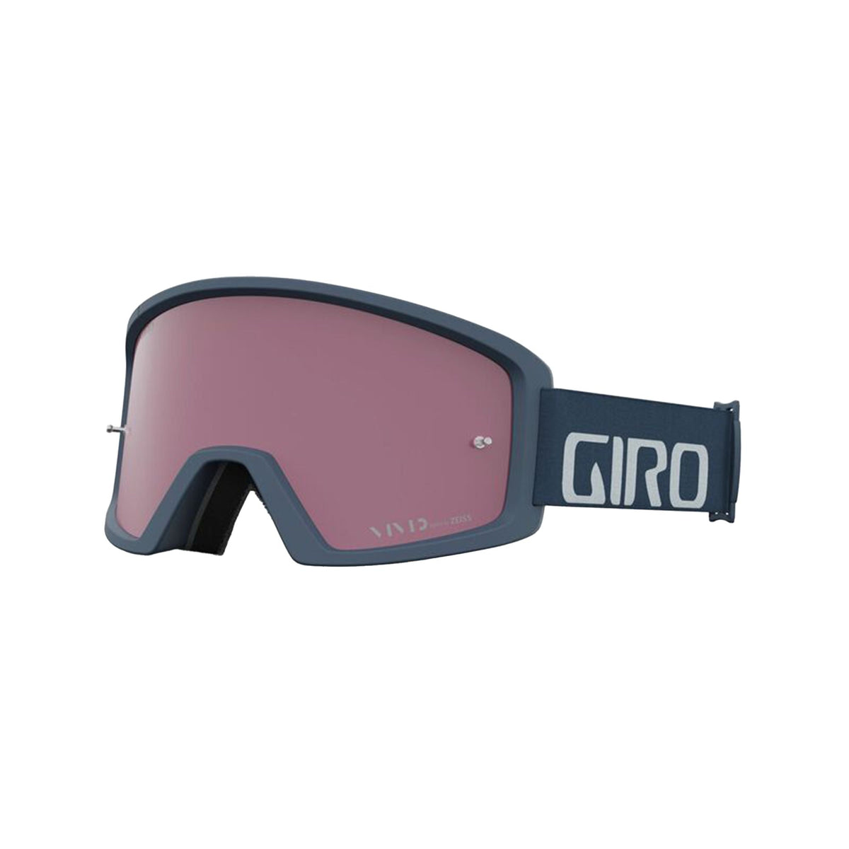 Mountain bike goggles with dark frame and rose-tinted lens, branded Giro strap