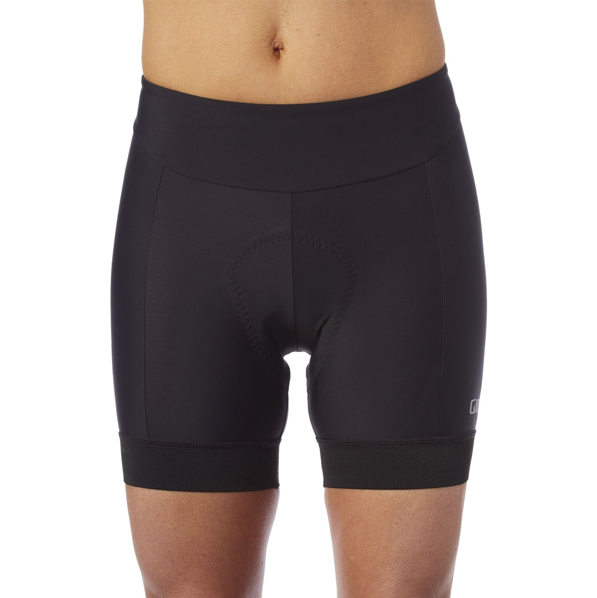 Black women's cycling shorts, front view, contoured paneling