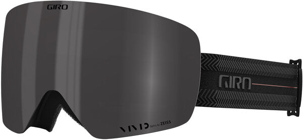 Giro snow goggles with dark smoke lens and patterned black strap, curved protective frame.