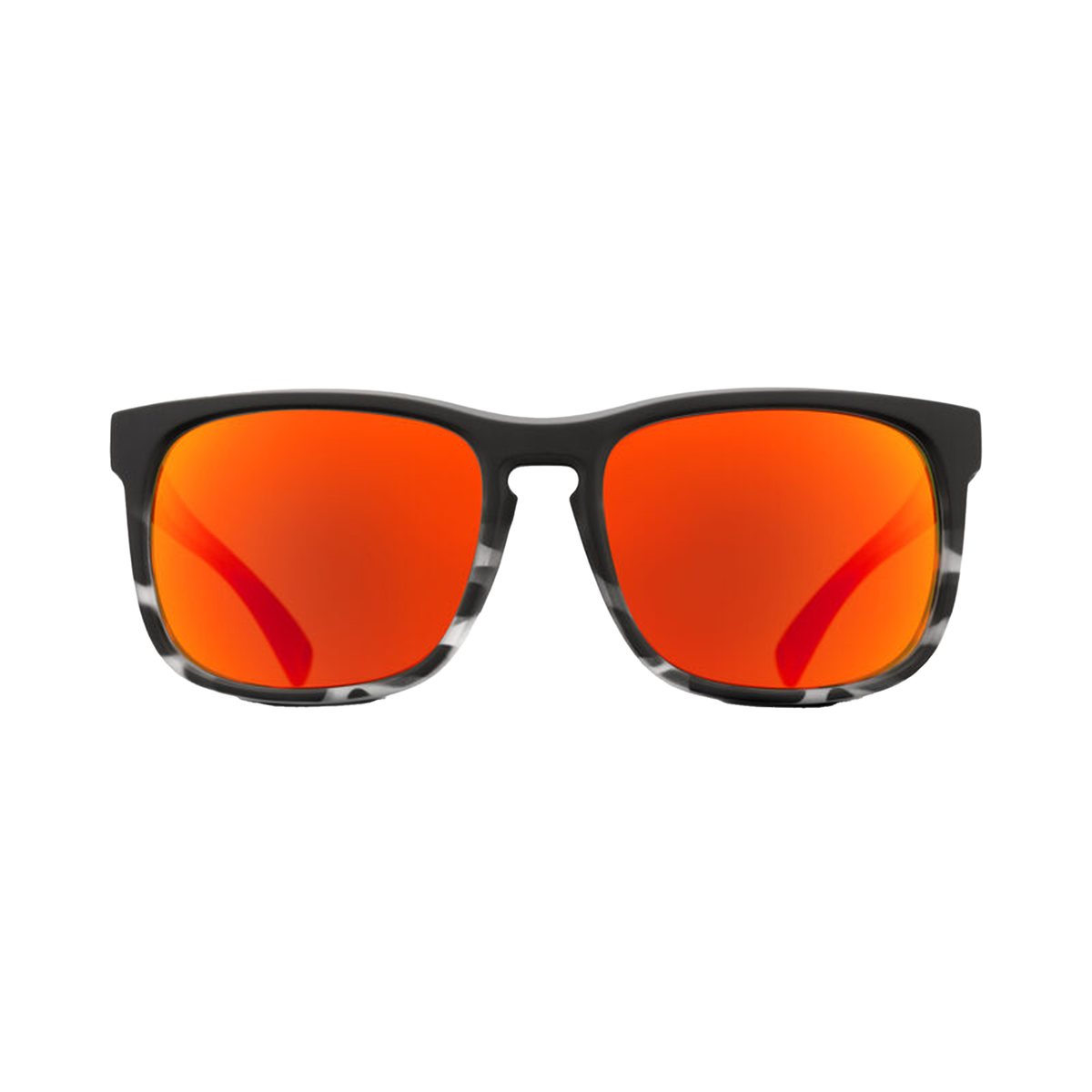 Sunglasses with matte black frame and orange mirrored square lenses