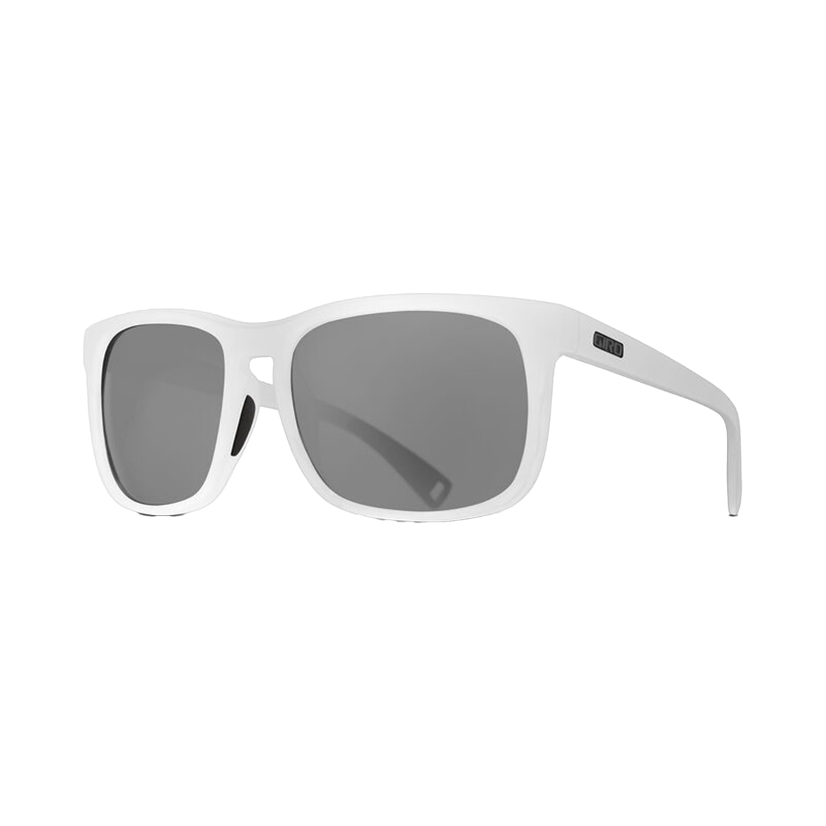 Sunglasses with white frame and gray mirrored square lenses