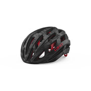 Bicycle safety helmet, matte black shell with red accents and vent channels