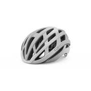 Bicycle safety helmet, matte white shell with black vent openings and silver hardware
