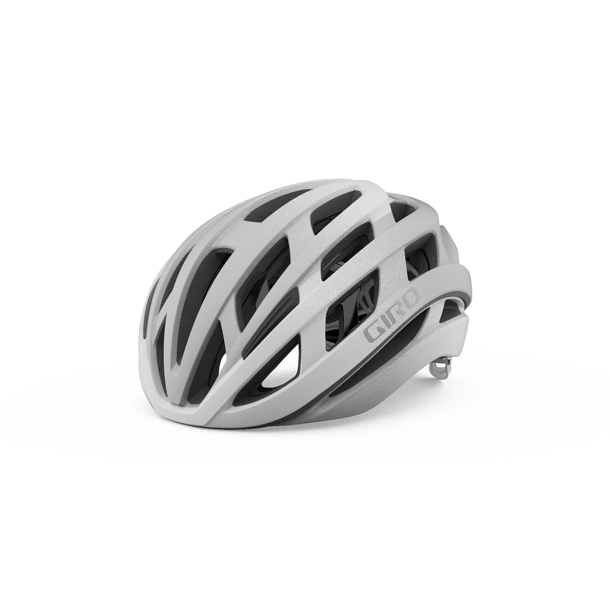 Bicycle safety helmet, matte white shell with black vent openings and silver hardware