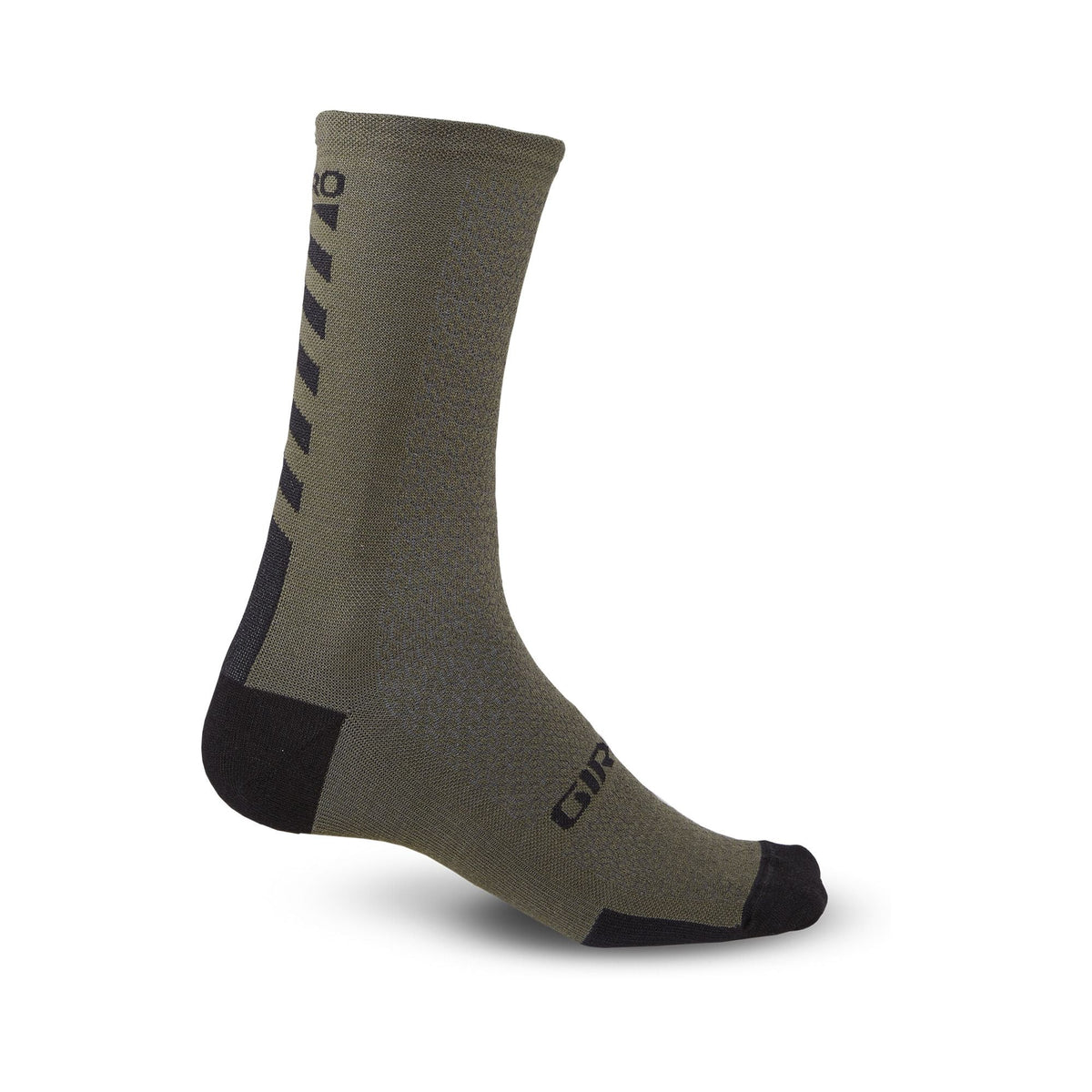 Merino wool cycling sock by Giro, olive with black toe/heel and stripe detail
