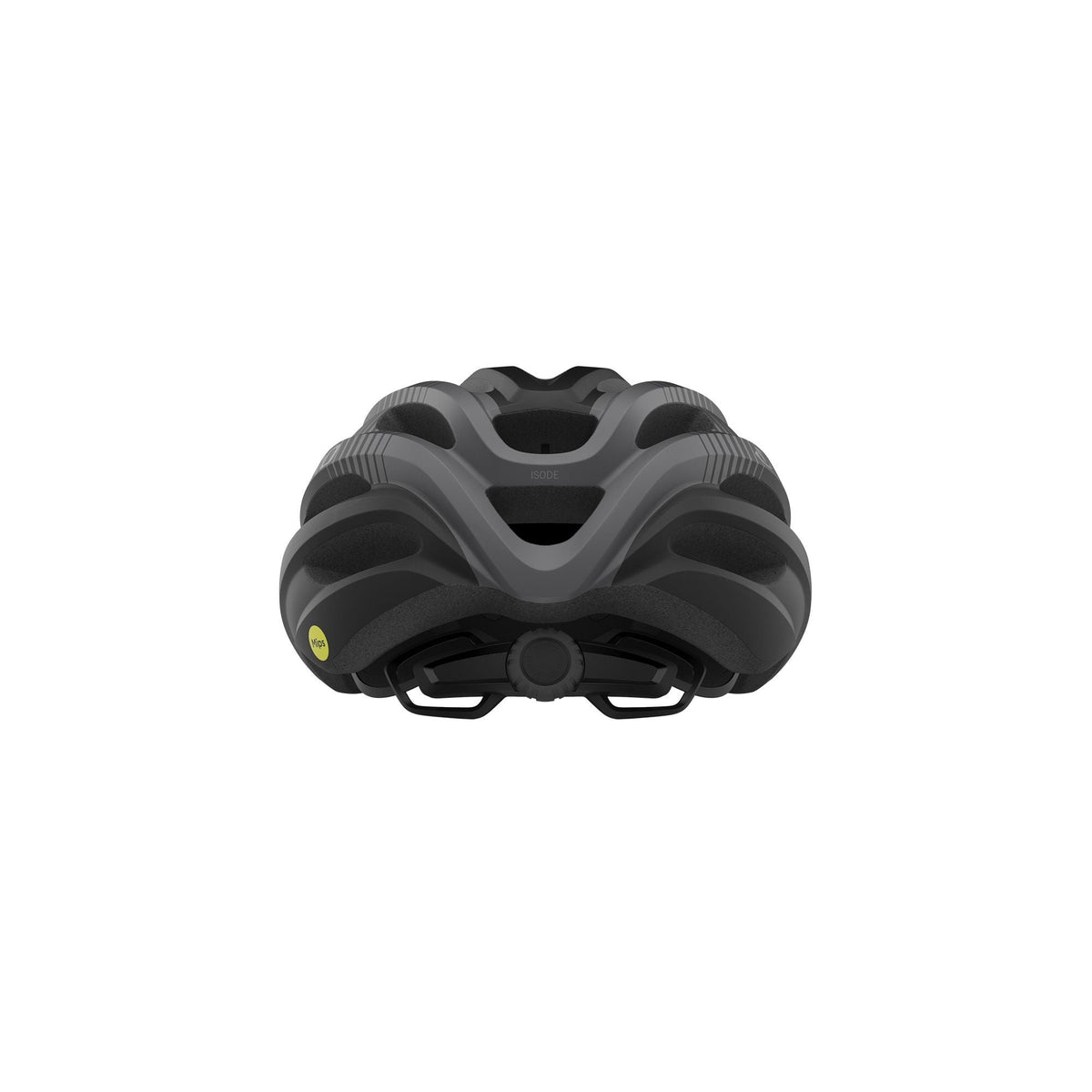Giro Isode MIPS helmet, dark gray/black shell with small yellow logo accents