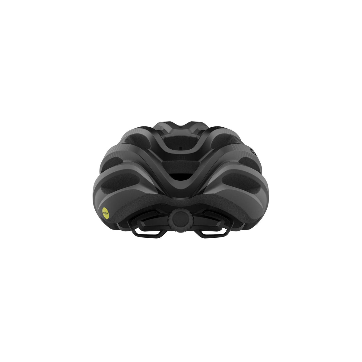 Dark gray Giro bike helmet, back view with ventilation and rear adjustment knob