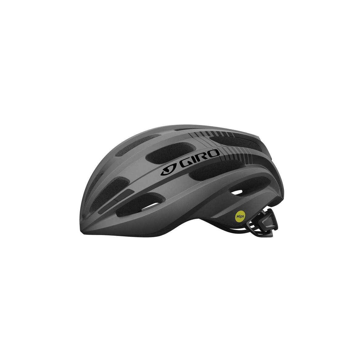 Dark gray Giro bike helmet, front side view with MIPS badge and chin strap