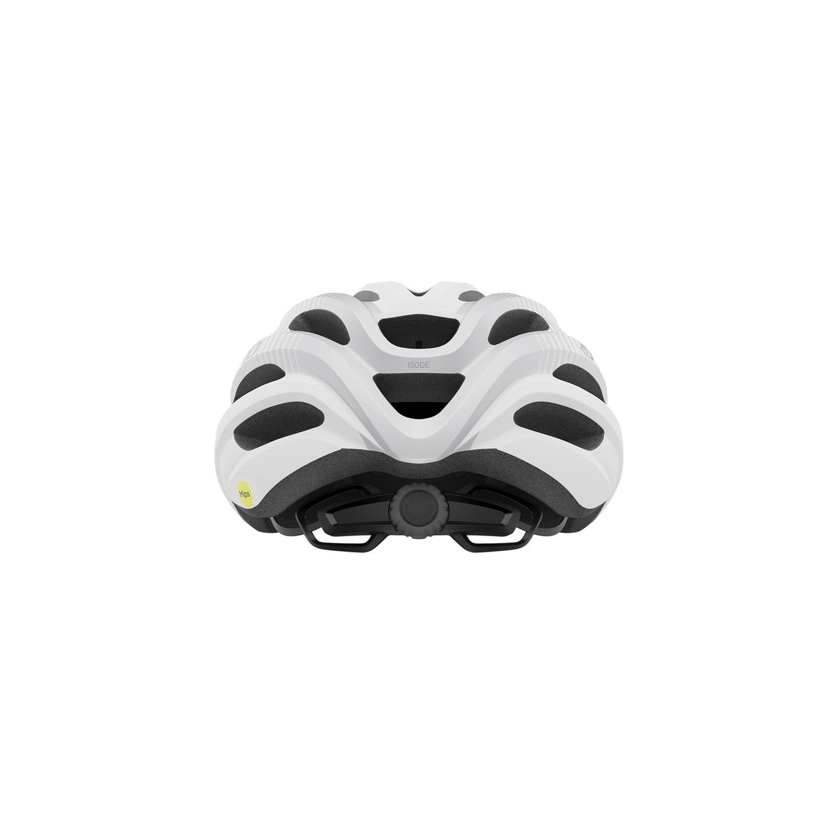 White Giro bike helmet, back view with ventilation and rear adjustment dial