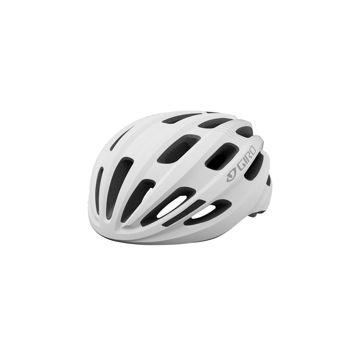 White Giro bike helmet, angled side view with vent cutouts and black logo
