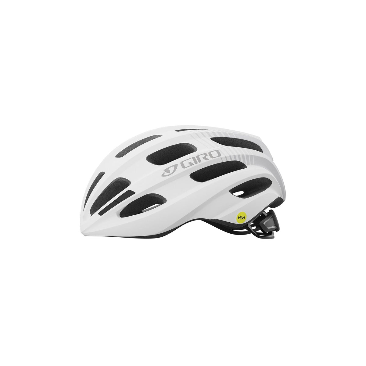 White Giro bike helmet, front side view with MIPS badge and chin strap