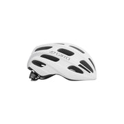 White Giro bike helmet, side view with vent channels and black chin strap