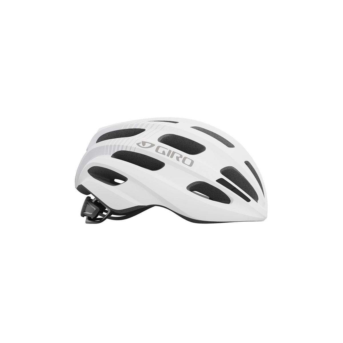 White Giro bike helmet, side view with vent channels and black chin strap