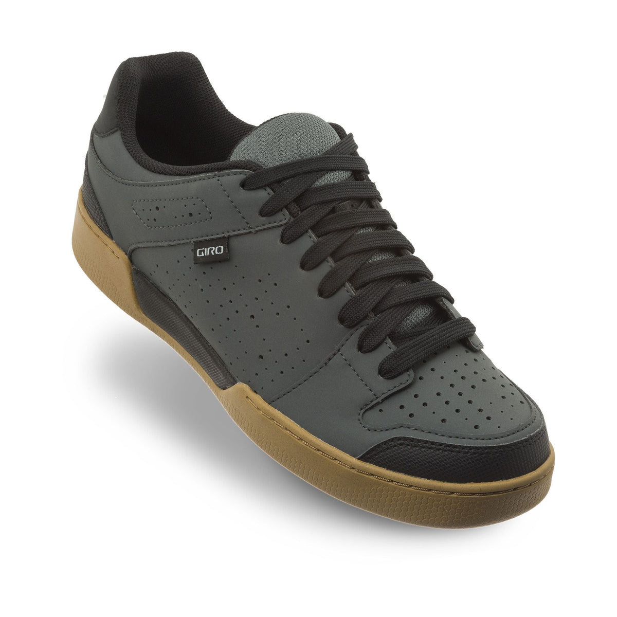 Low-top sneaker with light gray leather upper, black collar, lace-up, tan outsole