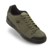 Low-top sneaker with olive green leather upper, black toe and heel, lace-up, dark outsole