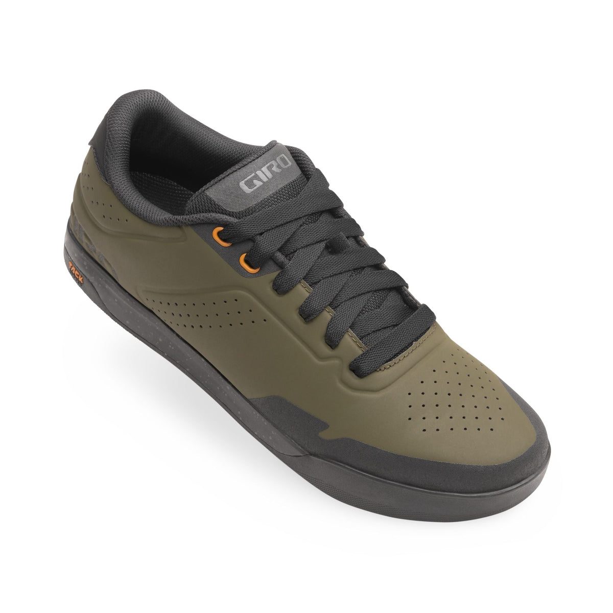 Men's lace-up latch shoe in olive green with dark trim and mesh collar