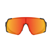 Dark frame sports sunglasses with orange mirrored lens