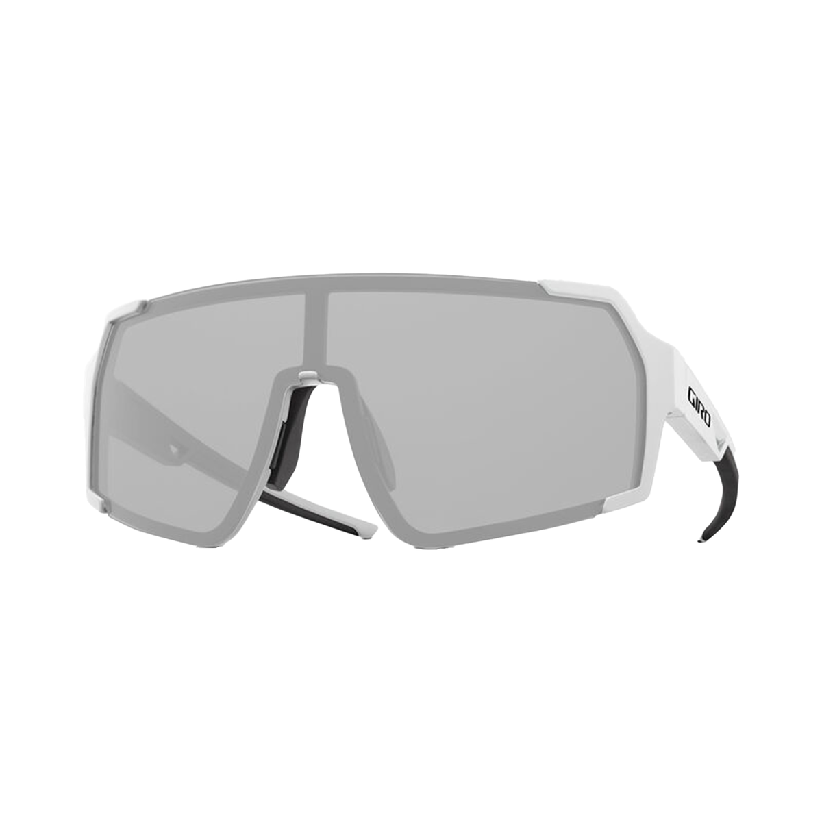 Light-gray sports sunglasses with gray mirrored lens and black temple tips