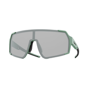 Green-accent sports sunglasses with gray mirrored lens and black temple tips