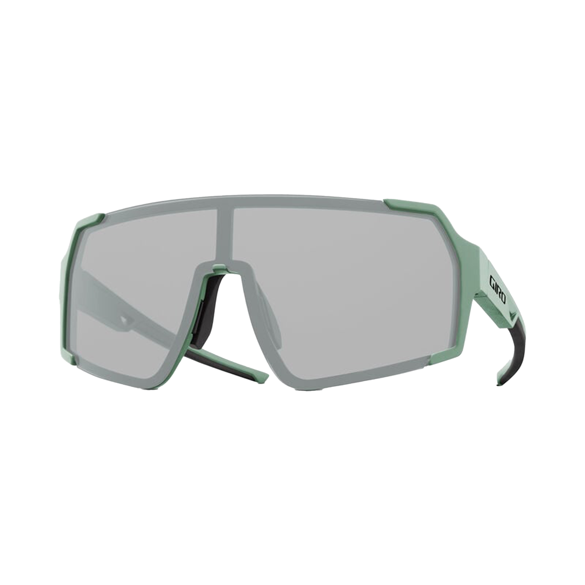Green-accent sports sunglasses with gray mirrored lens and black temple tips