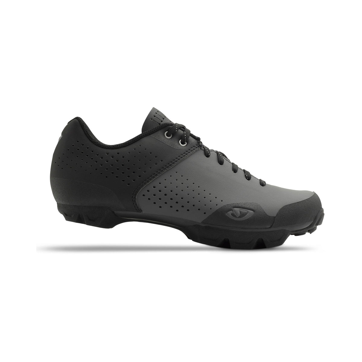 Black cycling shoe with lace-up closure, perforations, and side logo