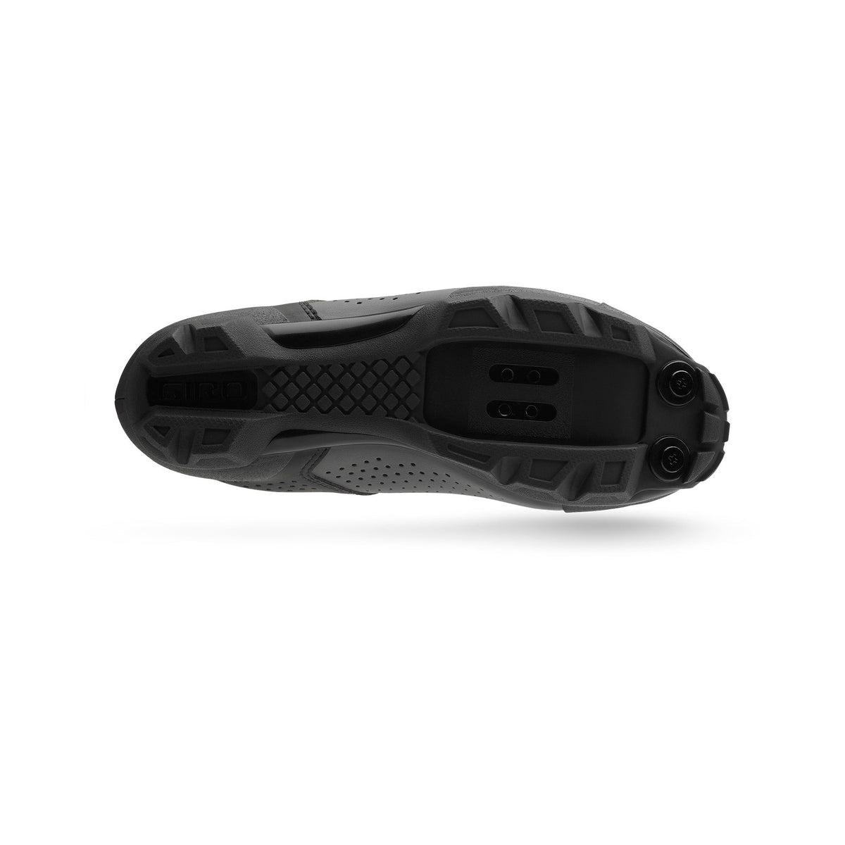 Black cycling shoe outsole with deep tread and round traction studs